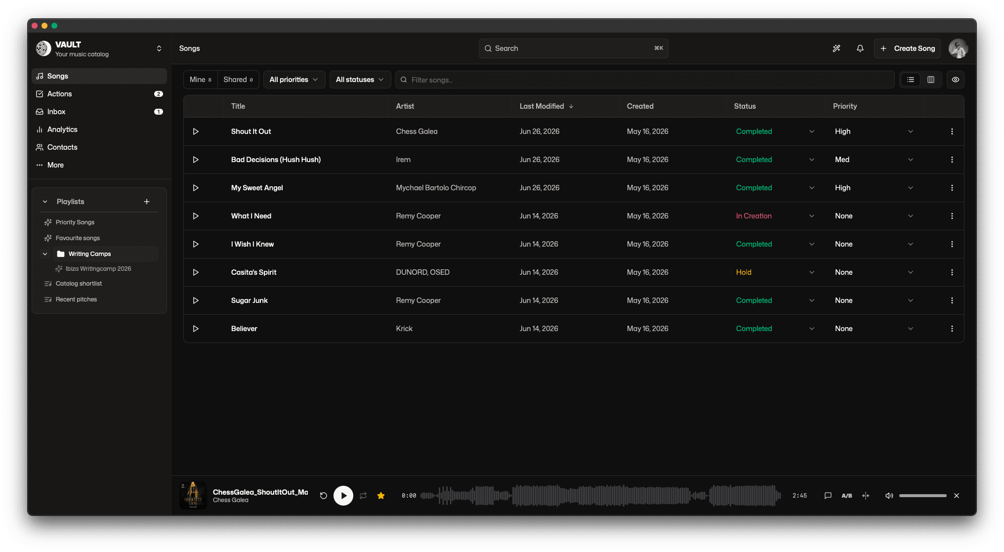 VAULT for Mac, showing the song catalog with playback
